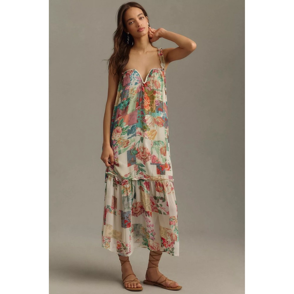 Anthropologie Floral Patchwork Midi Dress in Cream, Pink, Green, Blue